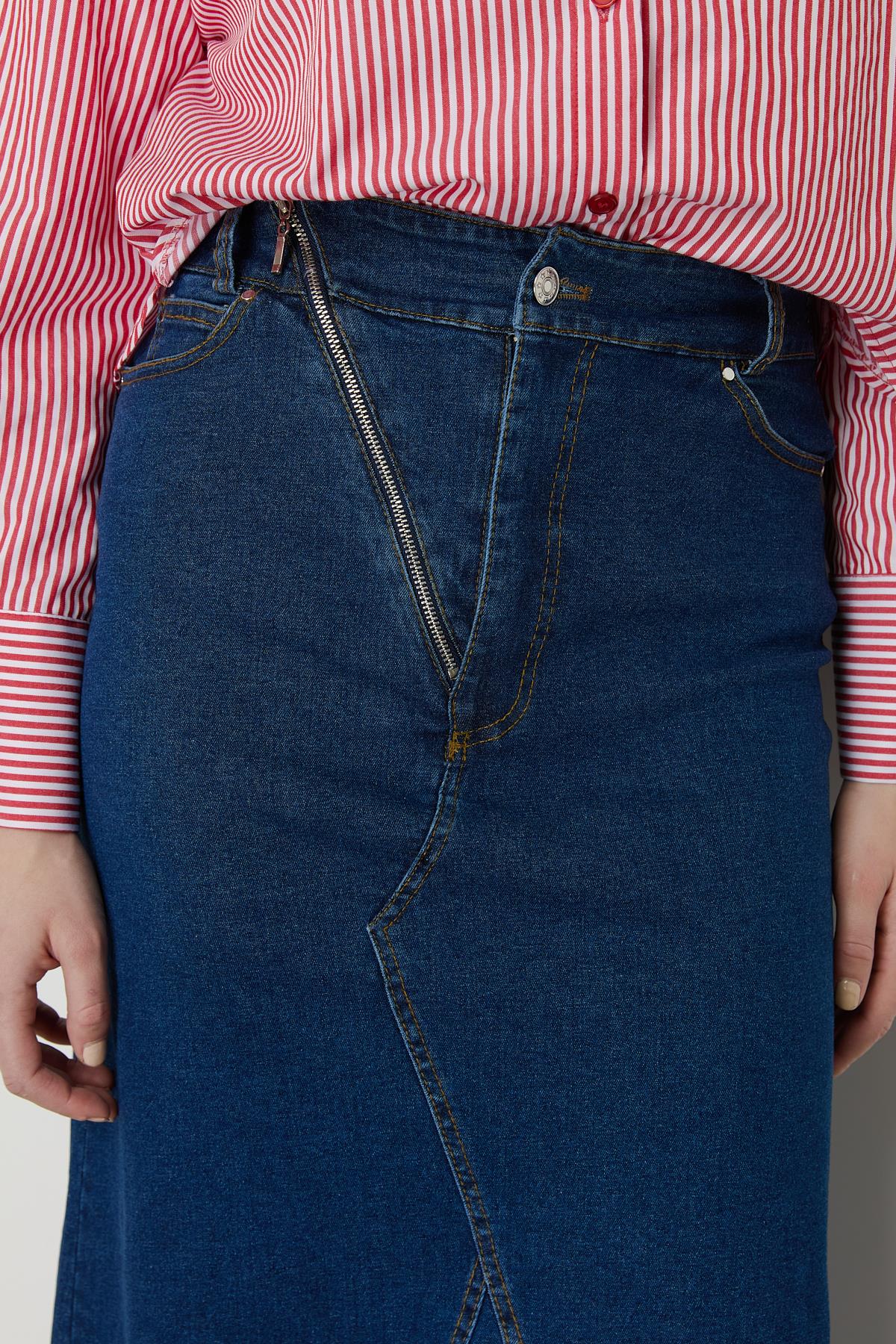 Çıt Çıtlı Fermuar Detaylı Denim Etek İndigo