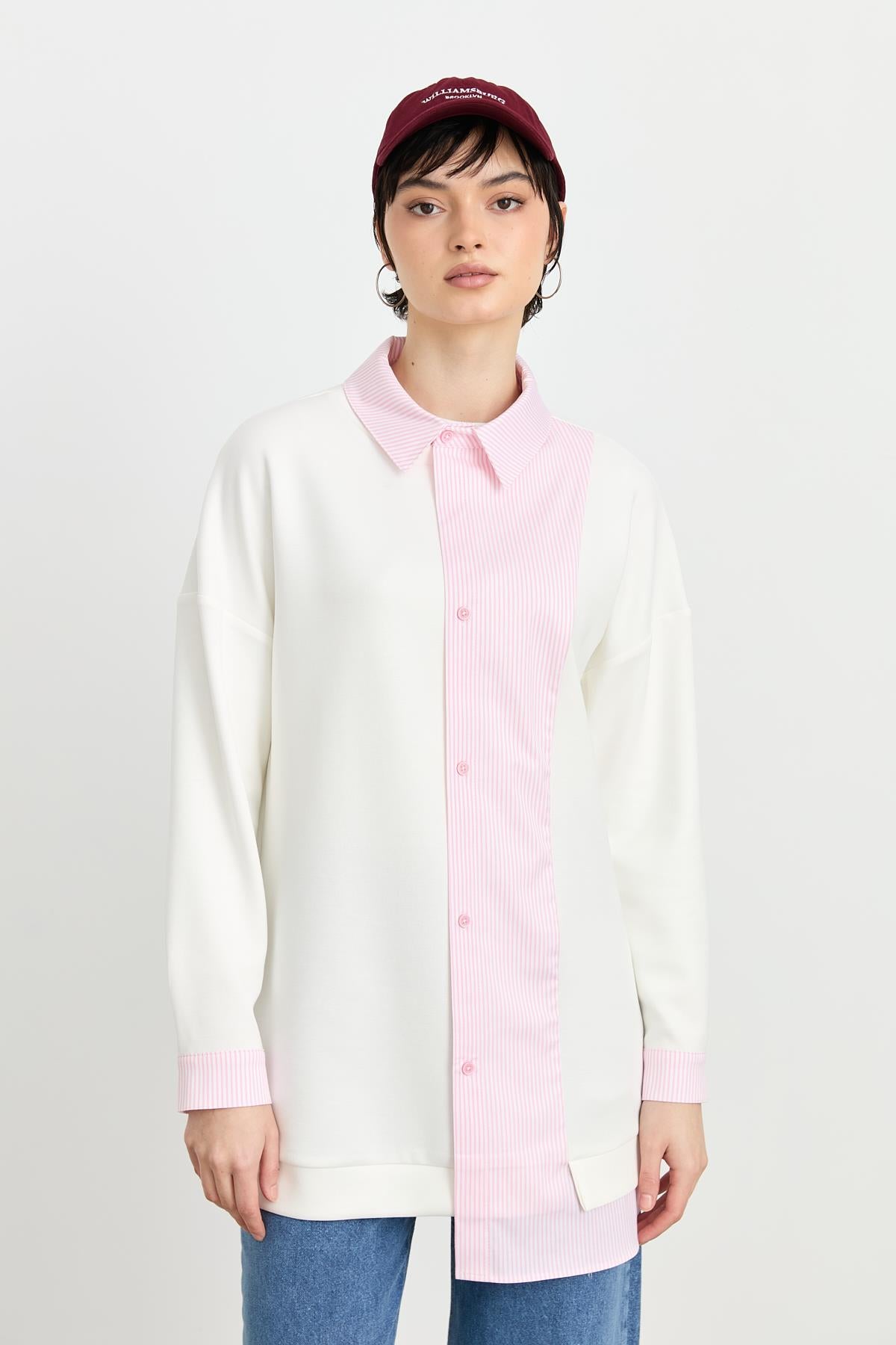 Çizgi Kumaş Mixli Asimetrik Tunik Pembe