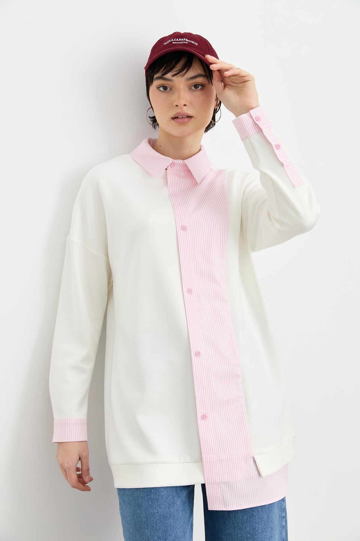 Çizgi Kumaş Mixli Asimetrik Tunik Pembe