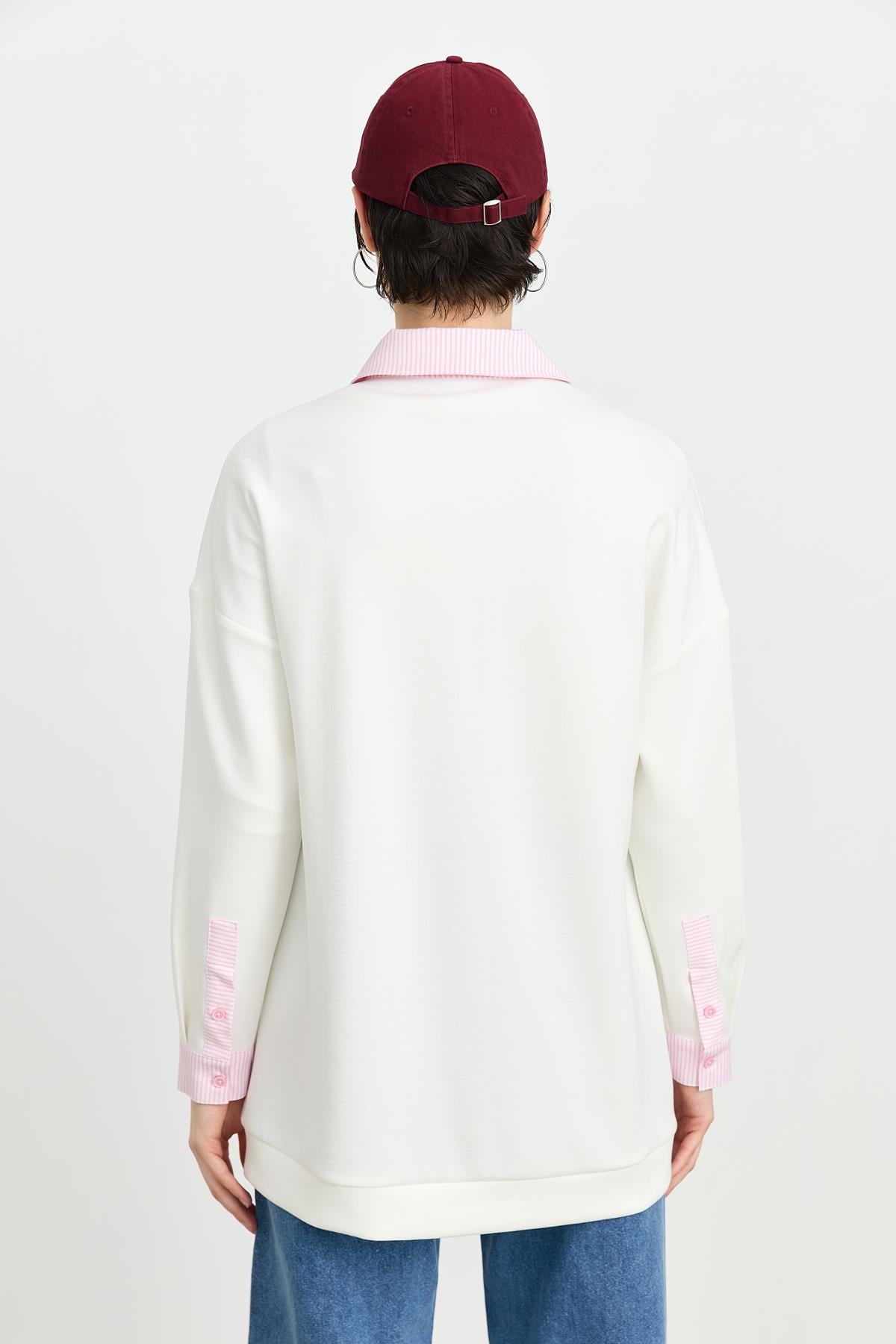 Çizgi Kumaş Mixli Asimetrik Tunik Pembe