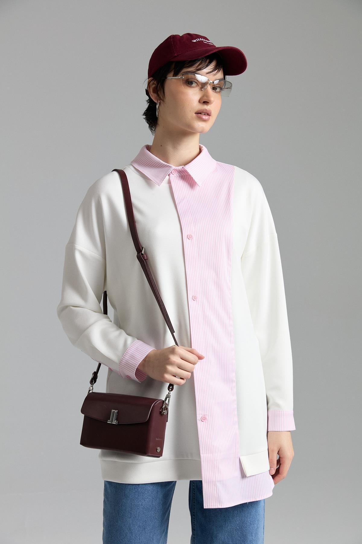 Çizgi Kumaş Mixli Asimetrik Tunik Pembe
