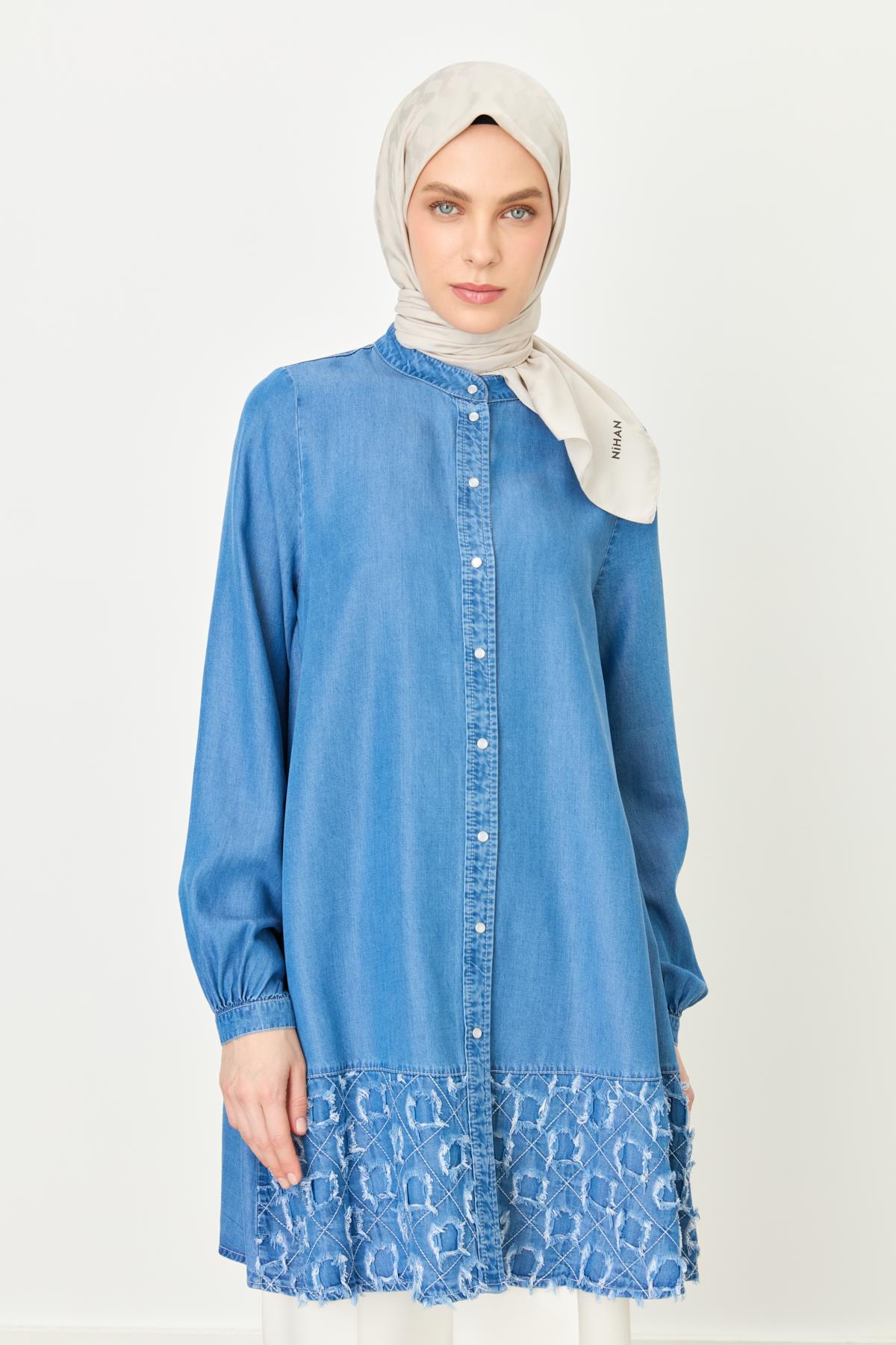 Etek Altı Detaylı Tencel Tunik Buz