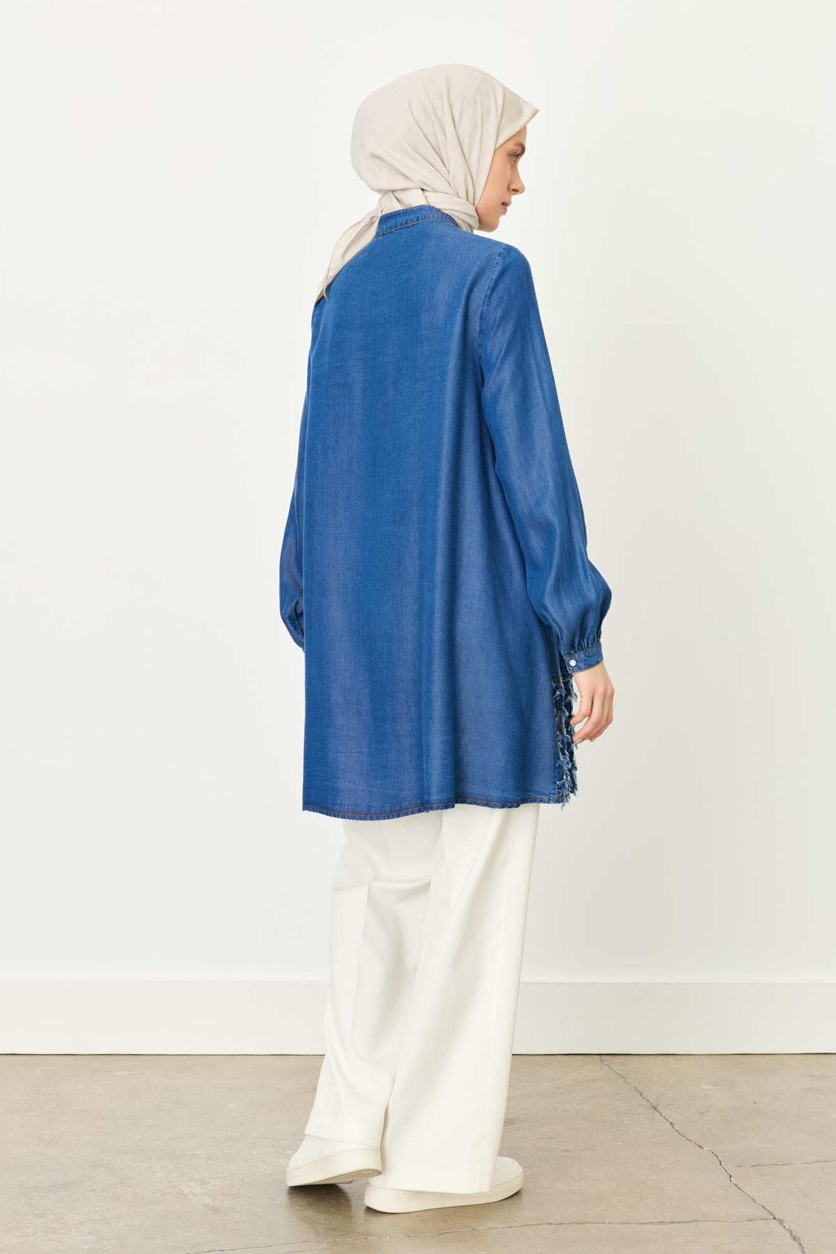 Etek Altı Detaylı Tencel Tunik İndigo