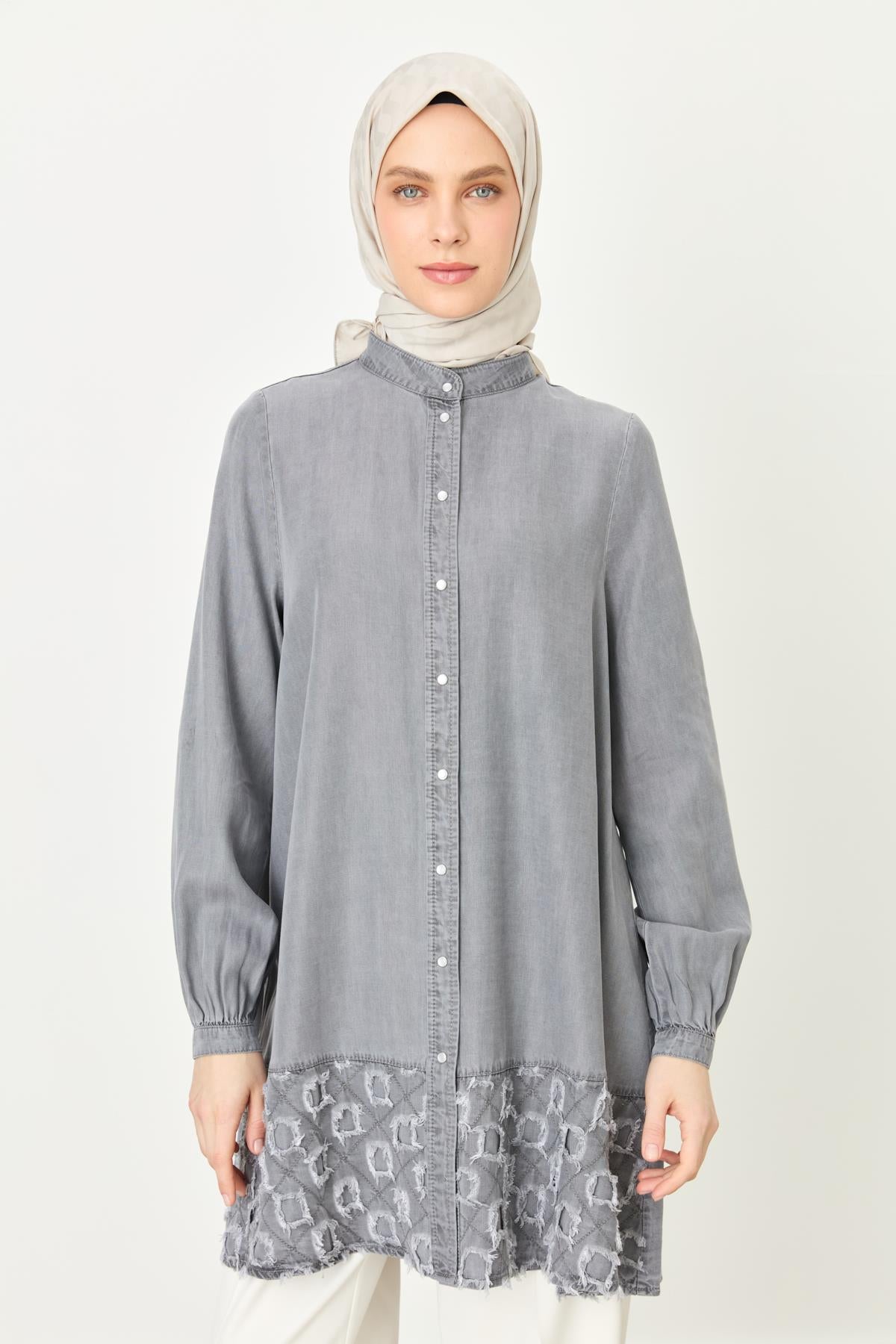 Etek Altı Detaylı Tencel Tunik İndigo