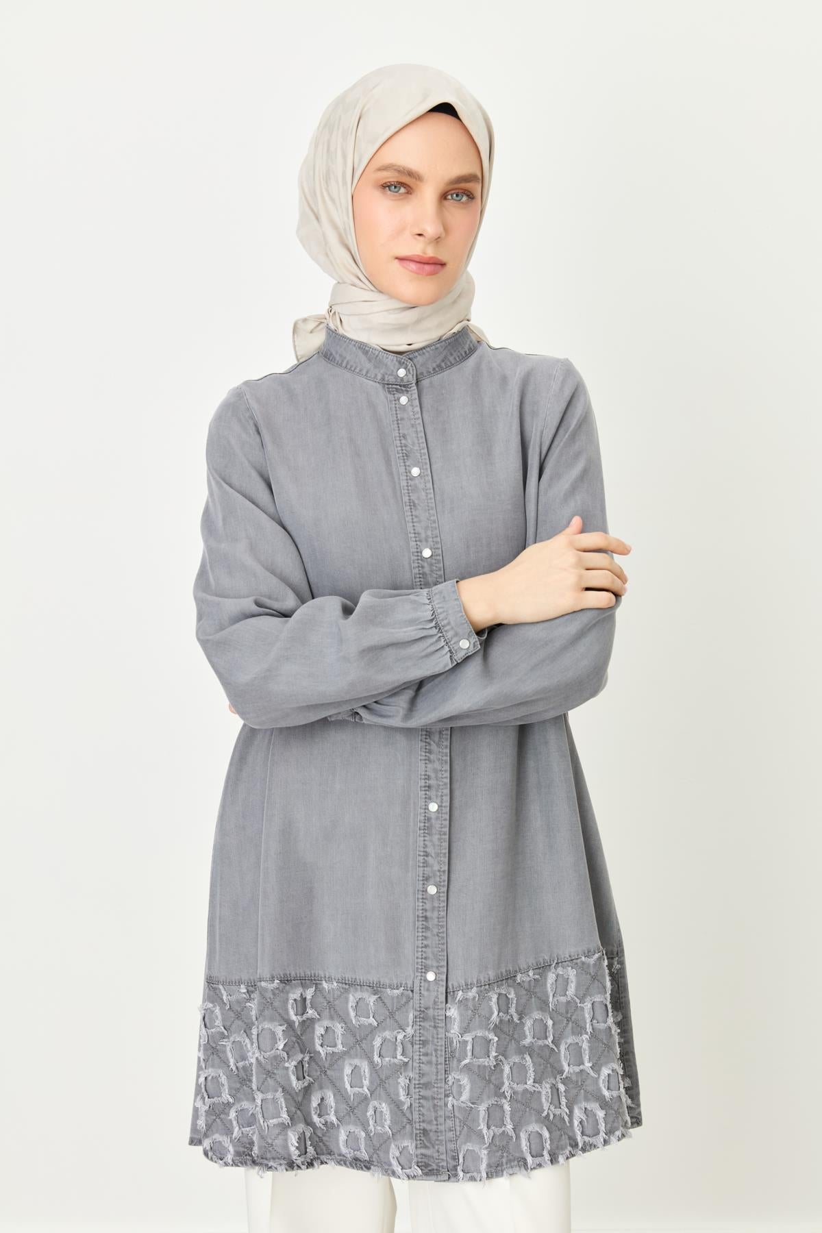 Etek Altı Detaylı Tencel Tunik İndigo