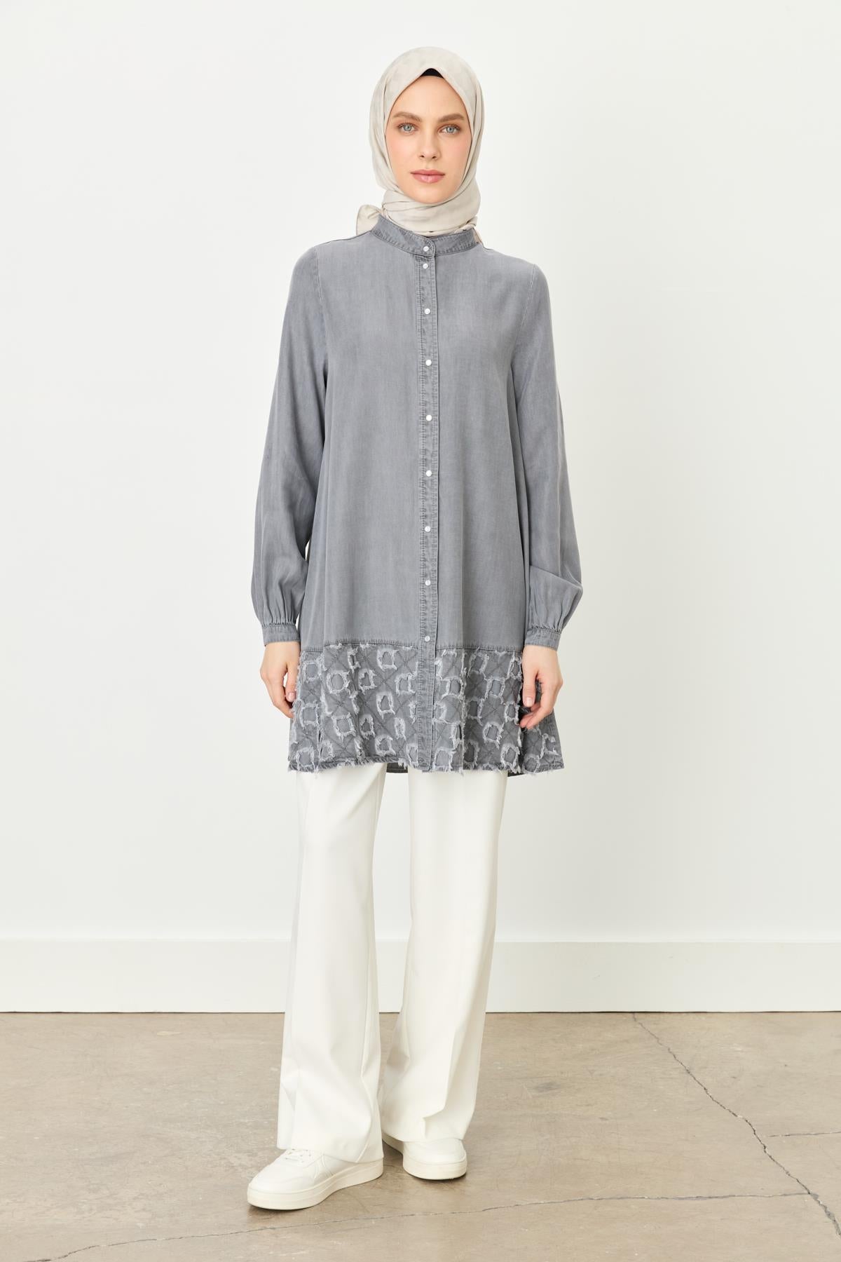 Etek Altı Detaylı Tencel Tunik İndigo