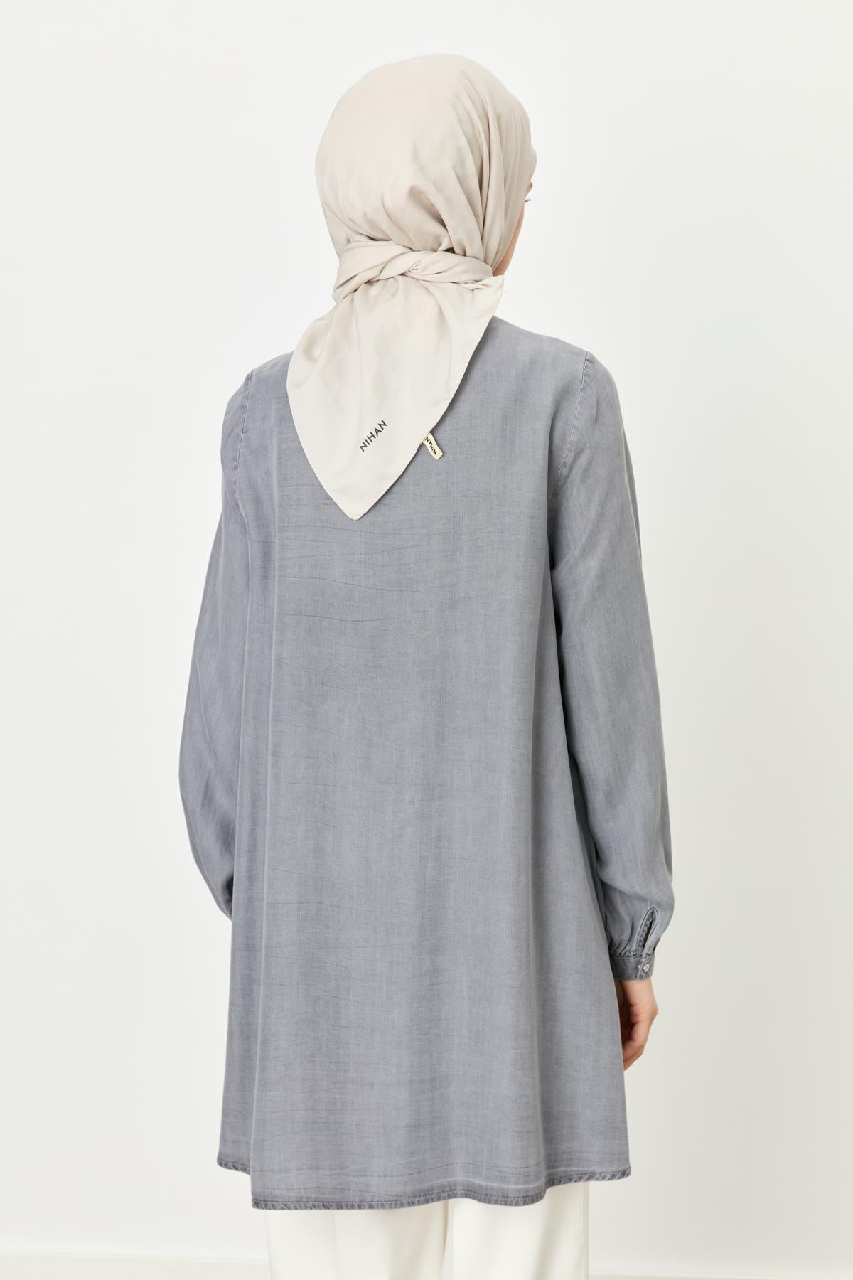 Etek Altı Detaylı Tencel Tunik İndigo