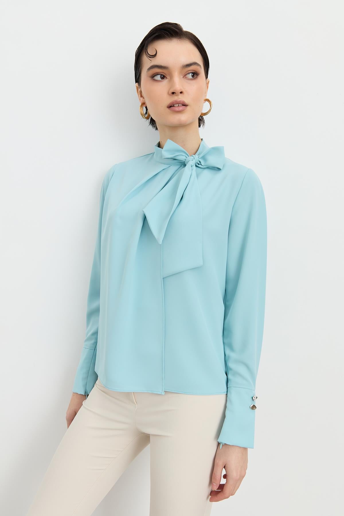 Fular Detaylı Şık Bluz Aqua