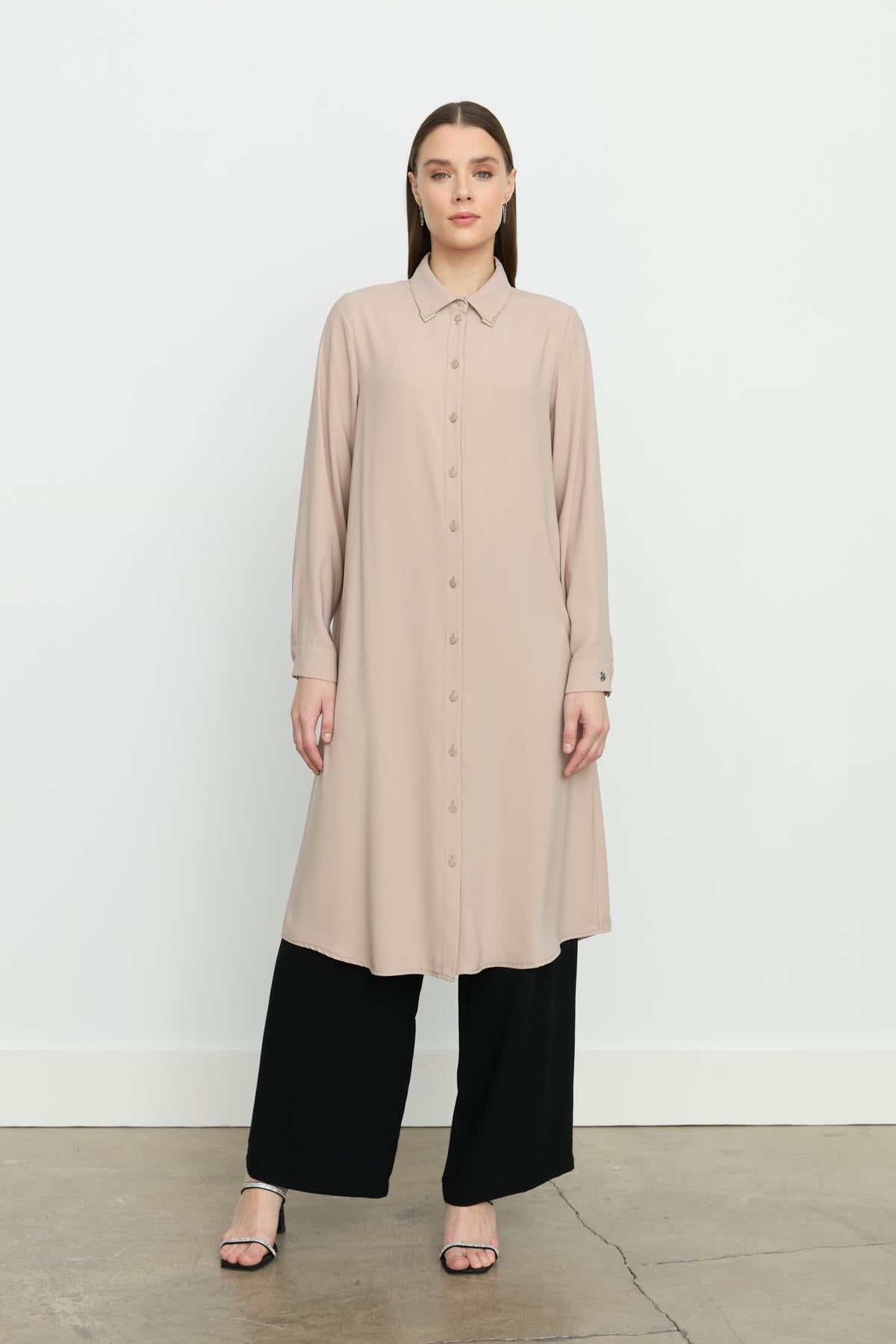Gömlek Yaka Basic Tunik Bej