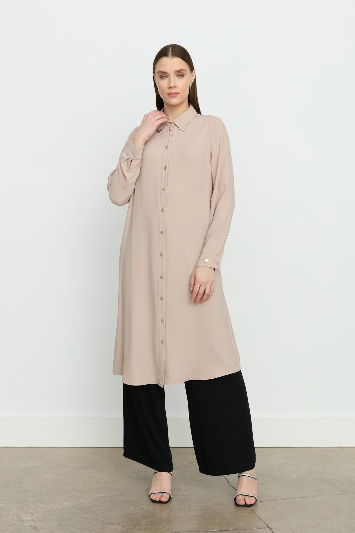 Gömlek Yaka Basic Tunik Bej