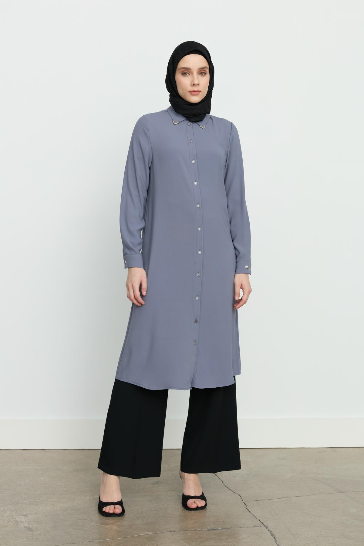 Gömlek Yaka Basic Tunik Gri