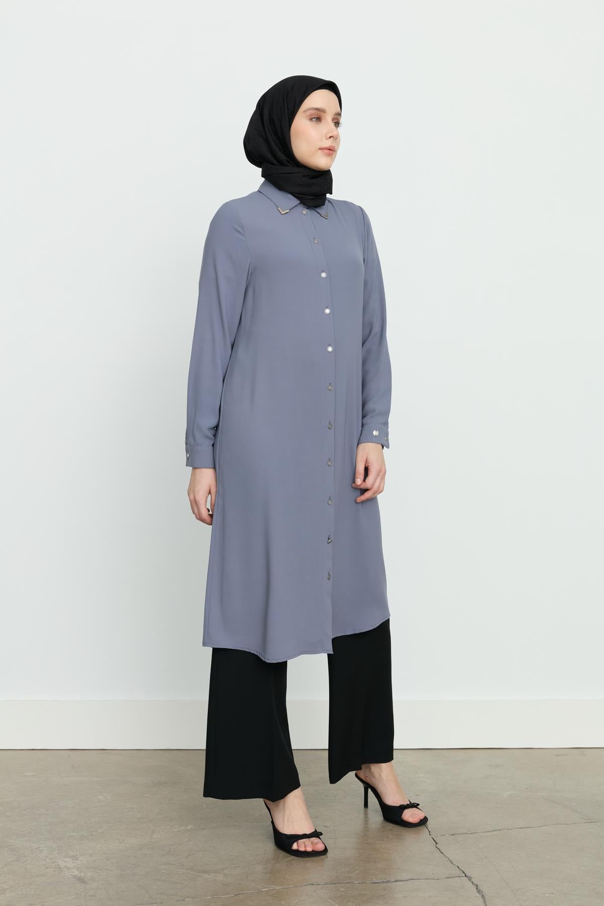 Gömlek Yaka Basic Tunik Gri
