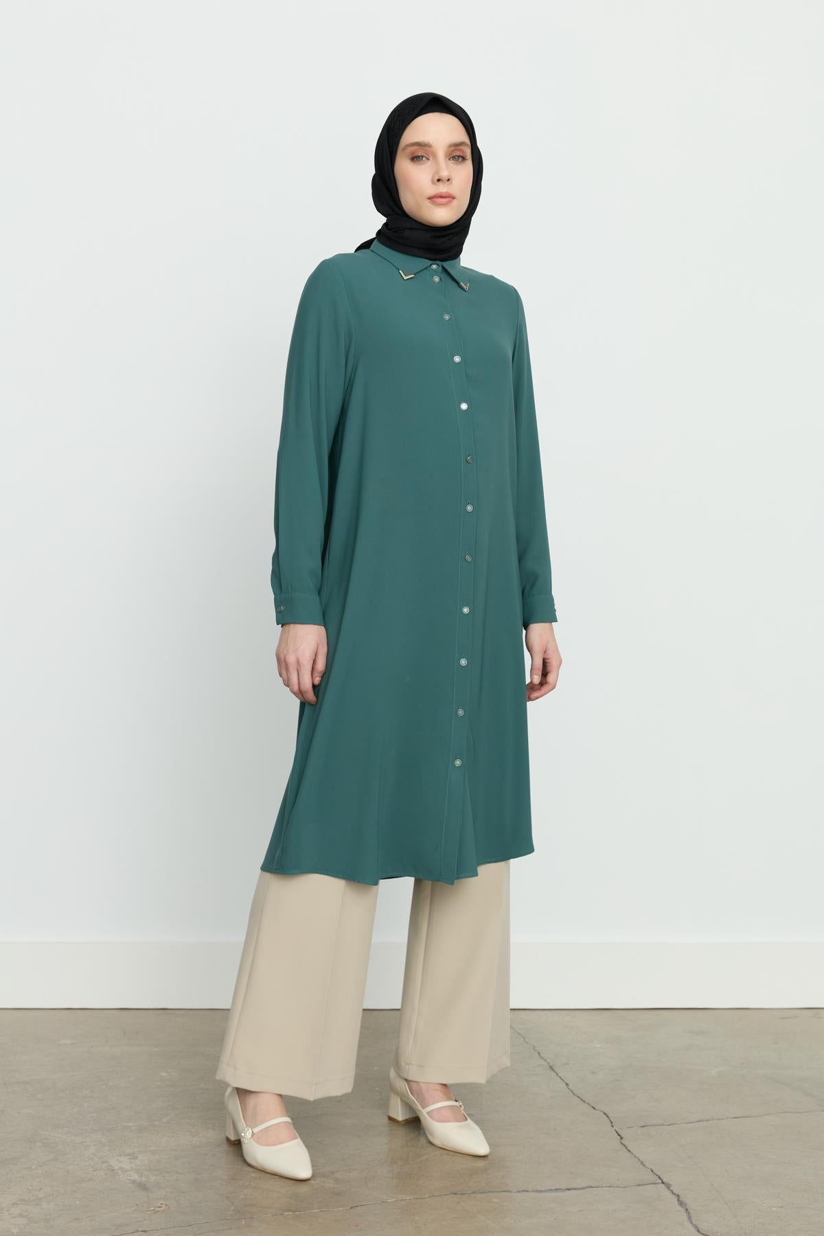 Gömlek Yaka Basic Tunik Yeşil
