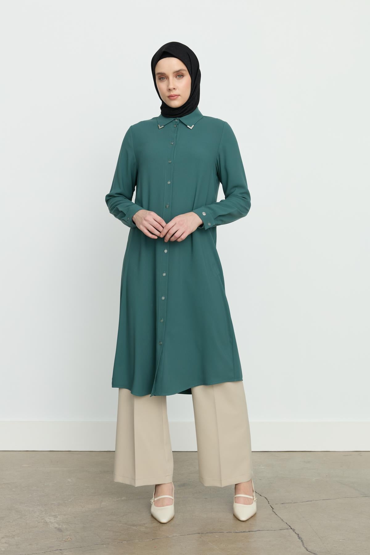 Gömlek Yaka Basic Tunik Yeşil