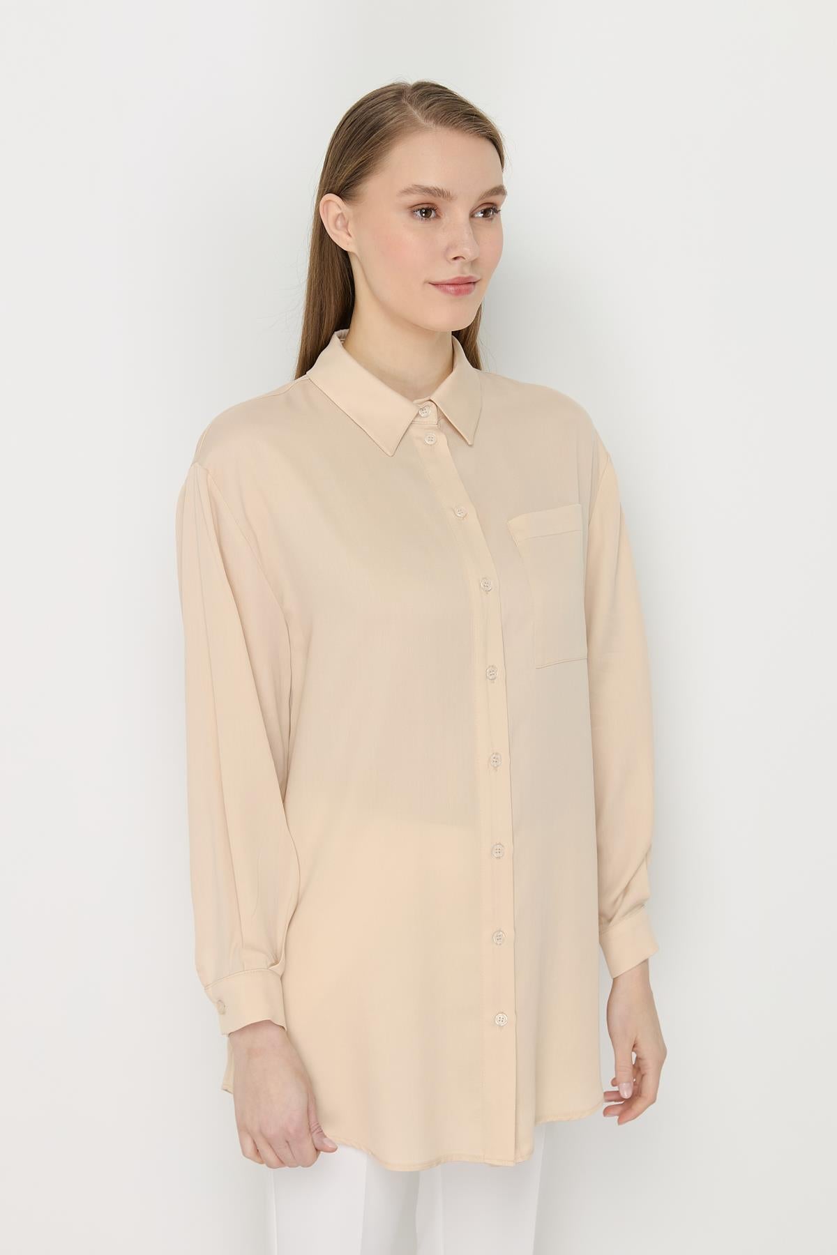 Gömlek Yaka Tencel Basic Tunik Bej