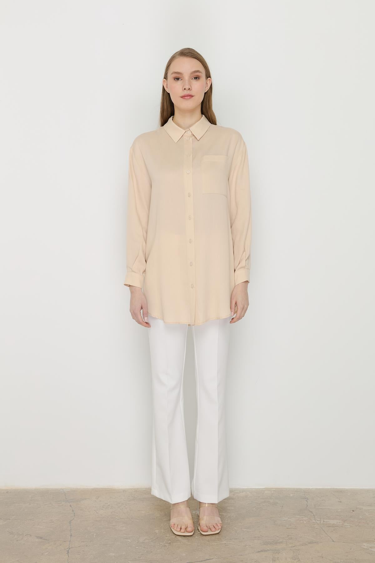 Gömlek Yaka Tencel Basic Tunik Bej