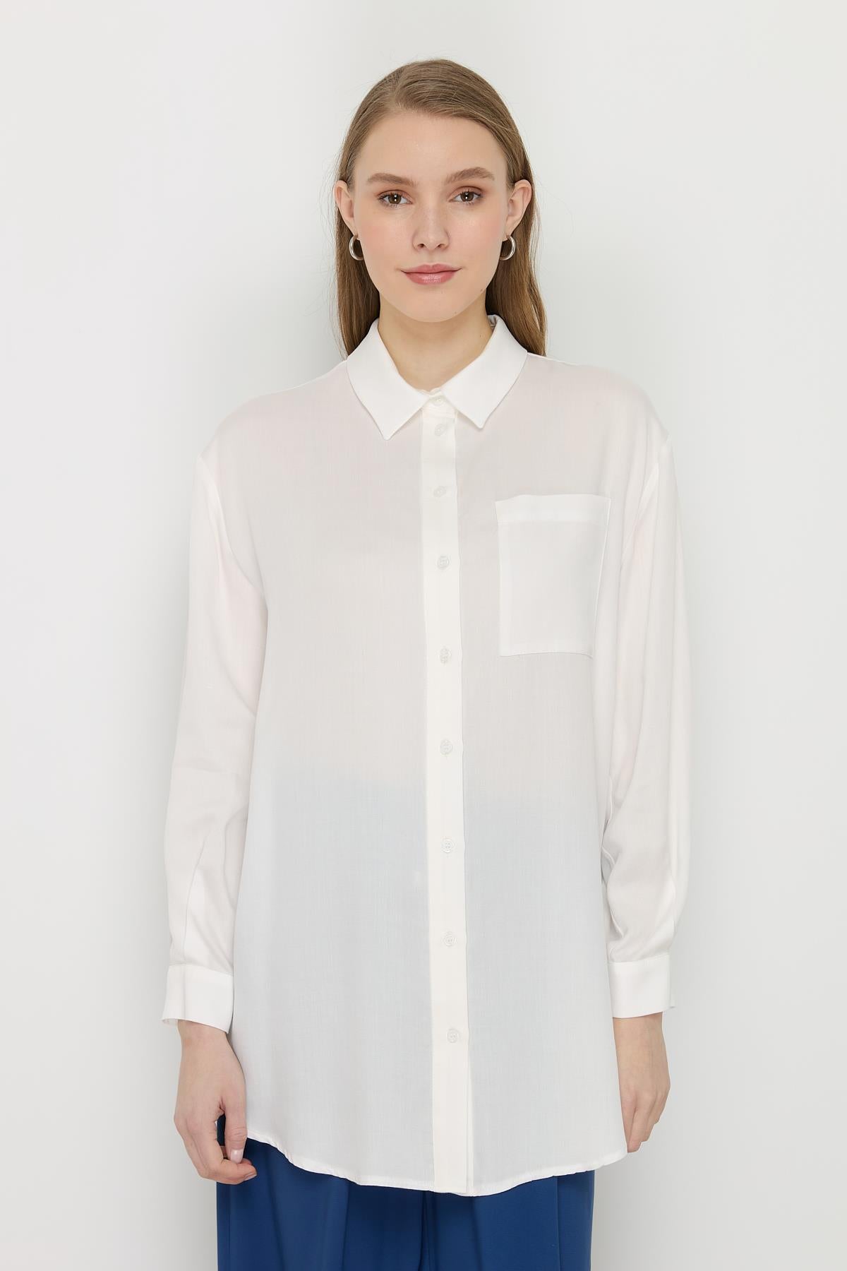 Gömlek Yaka Tencel Basic Tunik Ekru