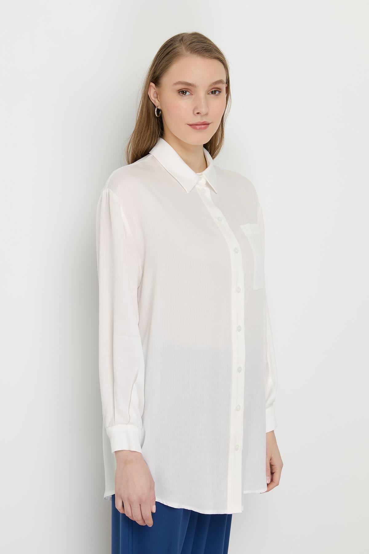 Gömlek Yaka Tencel Basic Tunik Ekru