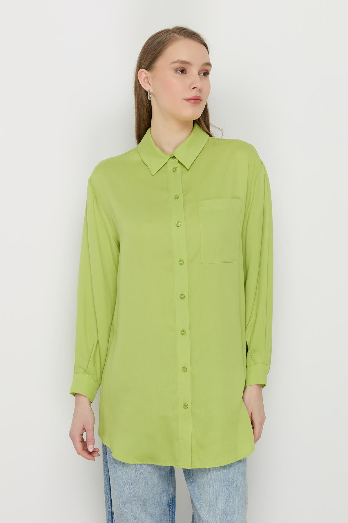 Gömlek Yaka Tencel Basic Tunik Fıstık Yeşili
