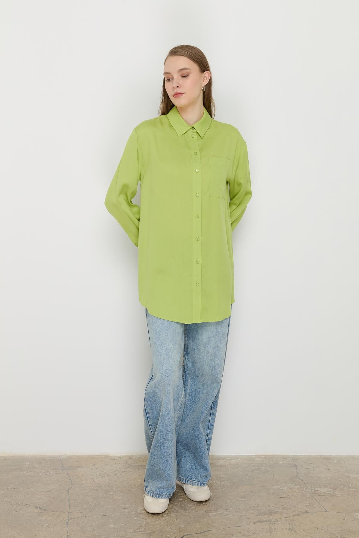 Gömlek Yaka Tencel Basic Tunik Fıstık Yeşili