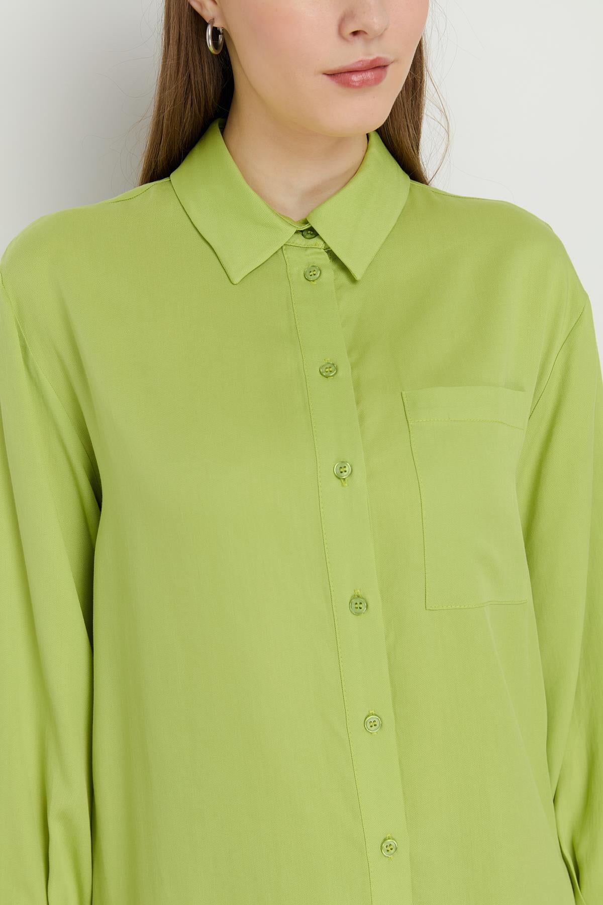 Gömlek Yaka Tencel Basic Tunik Fıstık Yeşili