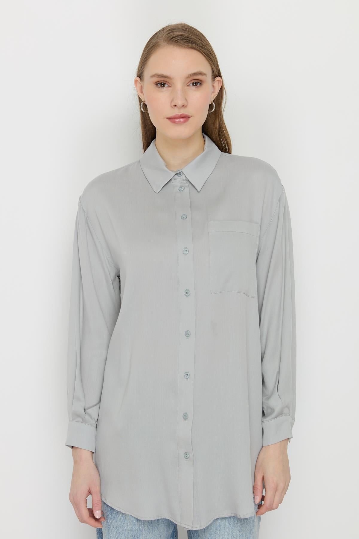 Gömlek Yaka Tencel Basic Tunik Gri