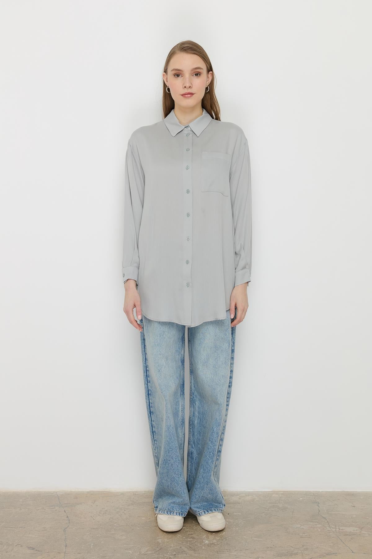 Gömlek Yaka Tencel Basic Tunik Gri