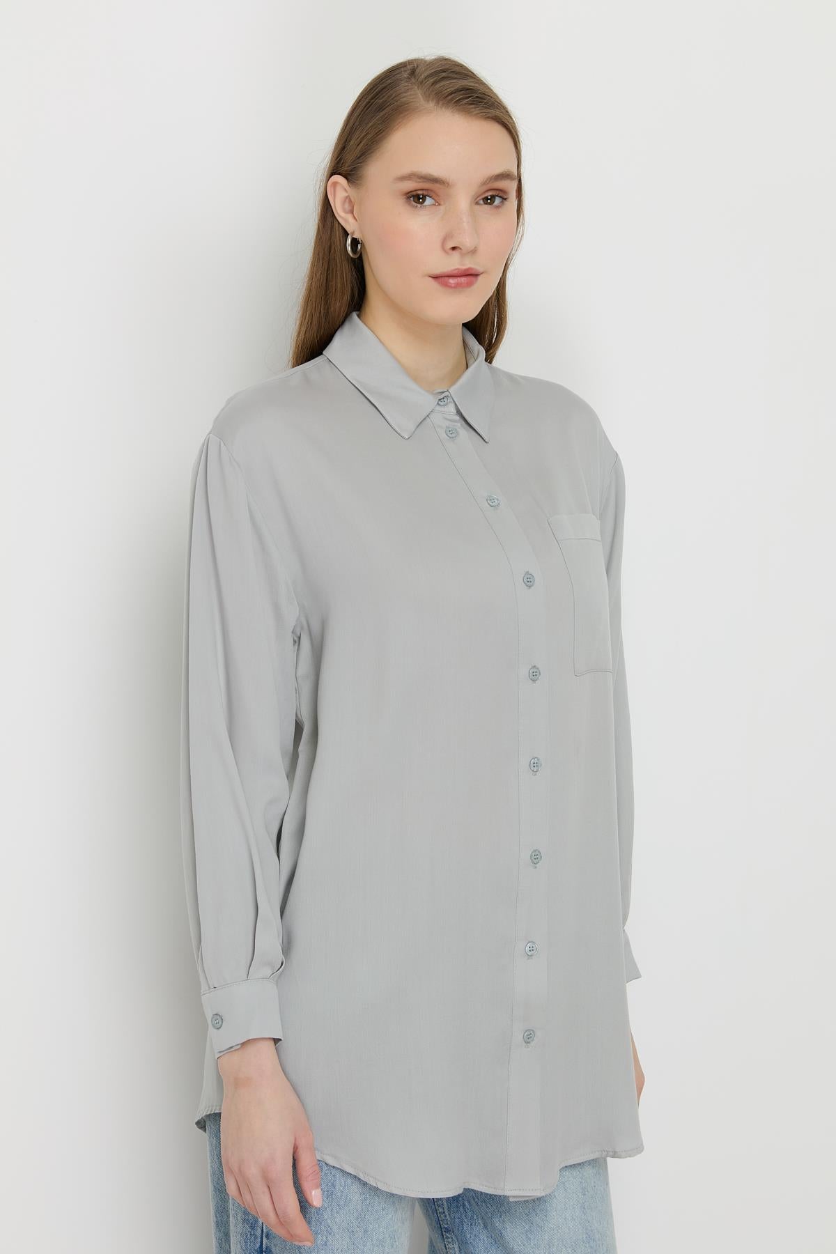 Gömlek Yaka Tencel Basic Tunik Gri