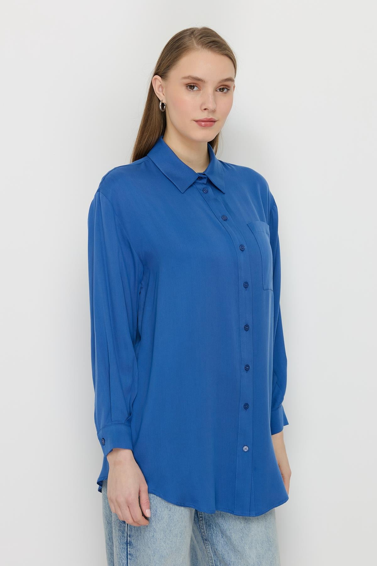 Gömlek Yaka Tencel Basic Tunik İndigo