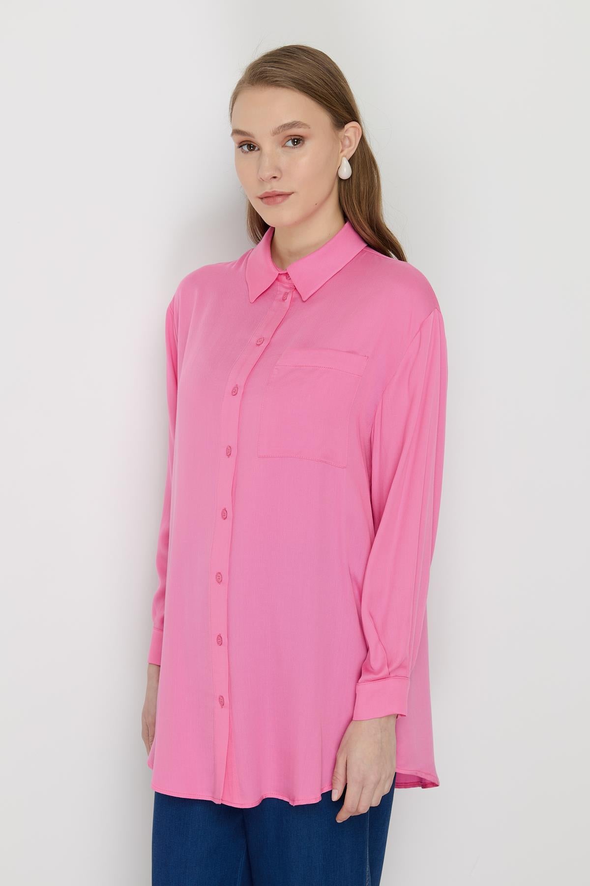 Gömlek Yaka Tencel Basic Tunik Pembe