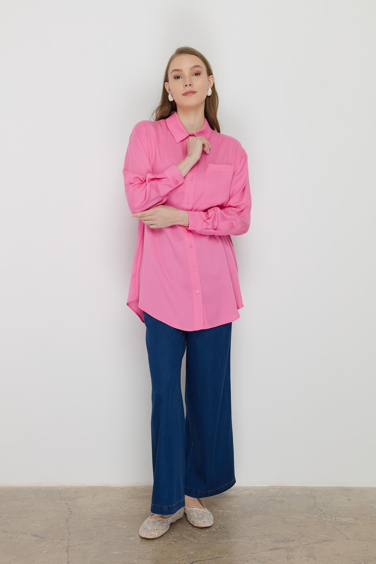Gömlek Yaka Tencel Basic Tunik Pembe