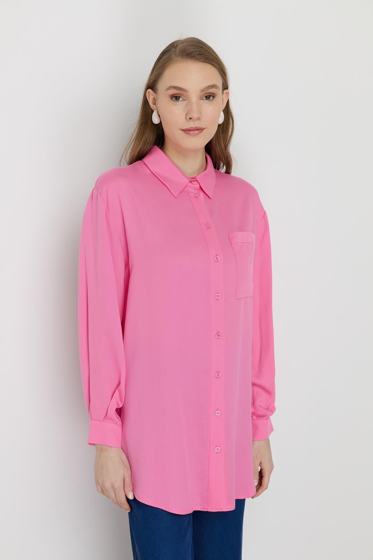 Gömlek Yaka Tencel Basic Tunik Pembe