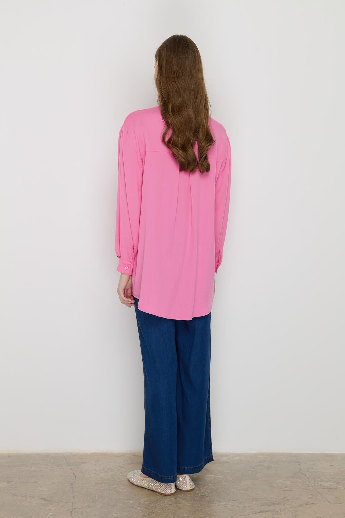 Gömlek Yaka Tencel Basic Tunik Pembe