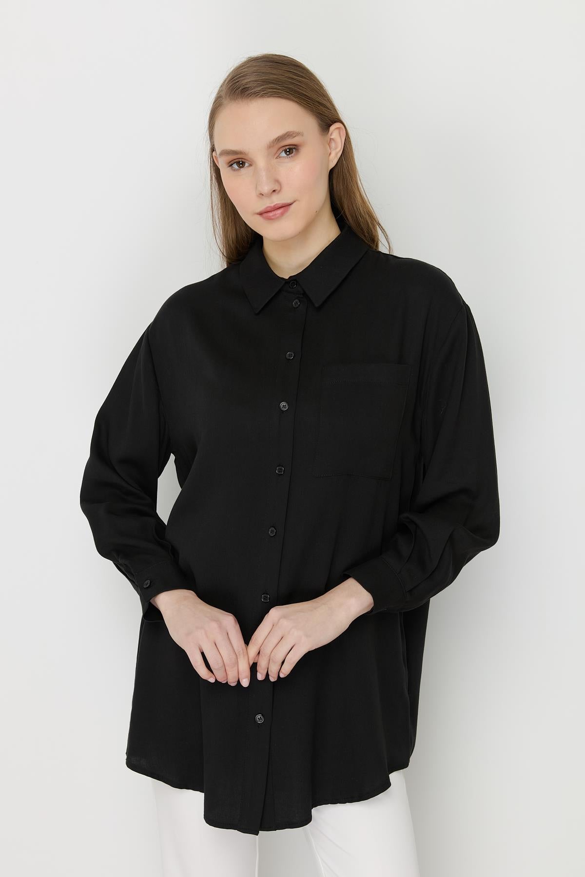 Gömlek Yaka Tencel Basic Tunik Siyah