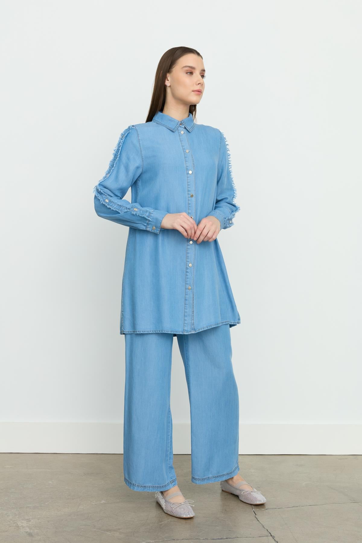 Kol Detaylı Tencel Pantolon Tunik Takım İndigo
