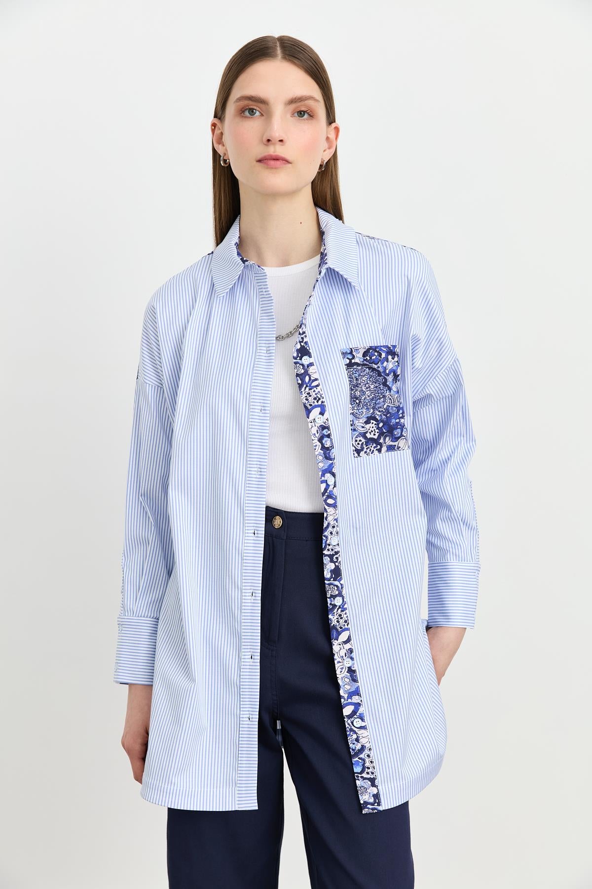 Kumaş Mixli Çizgili Poplin Tunik Mavi