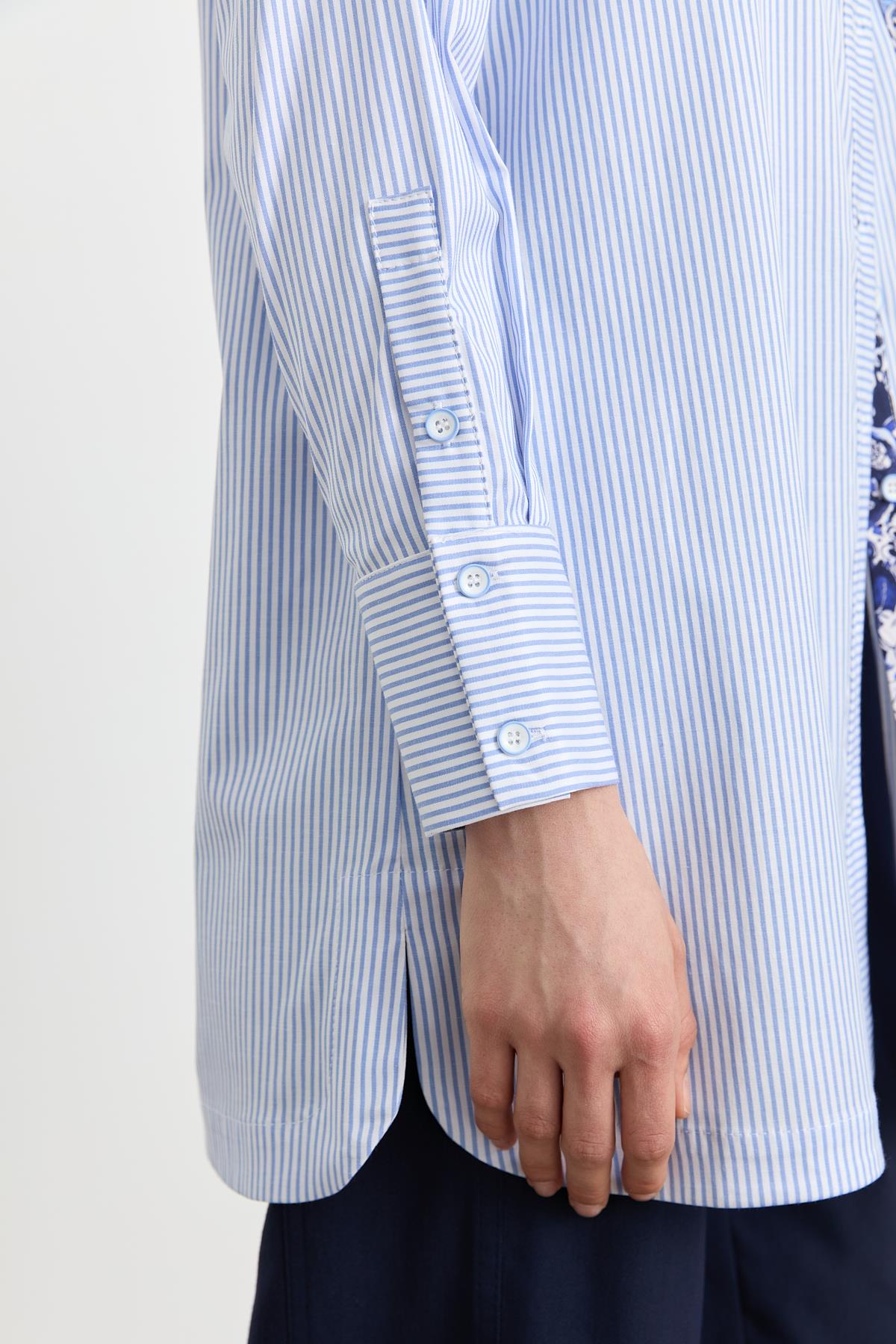 Kumaş Mixli Çizgili Poplin Tunik Mavi