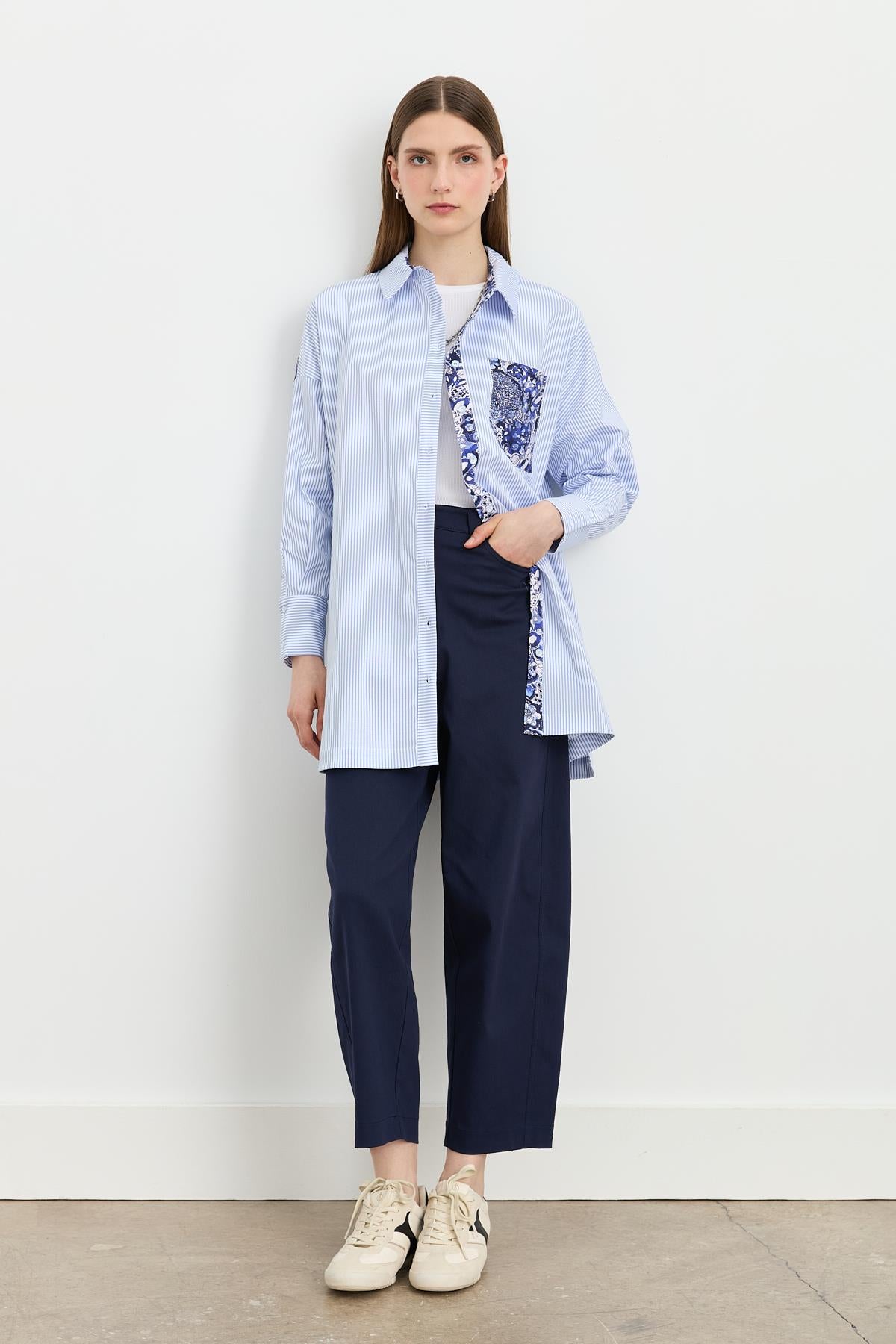 Kumaş Mixli Çizgili Poplin Tunik Mavi