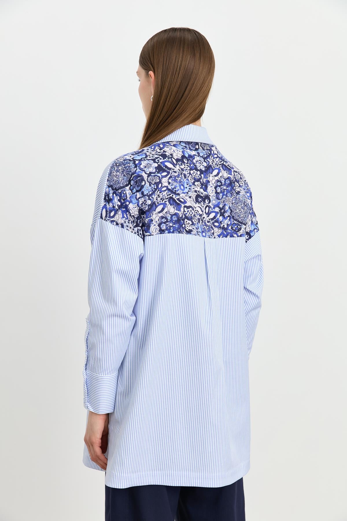 Kumaş Mixli Çizgili Poplin Tunik Mavi