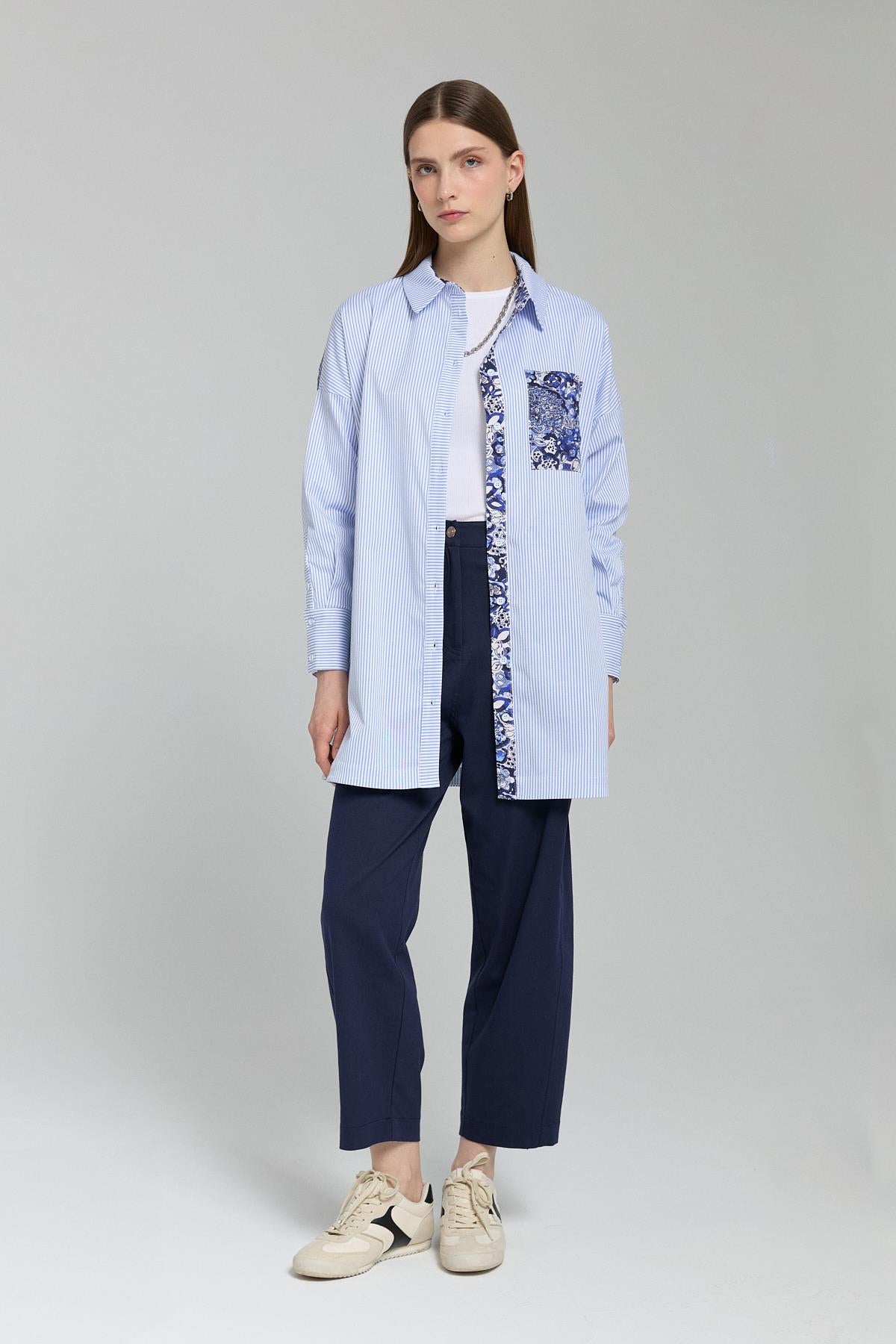 Kumaş Mixli Çizgili Poplin Tunik Mavi