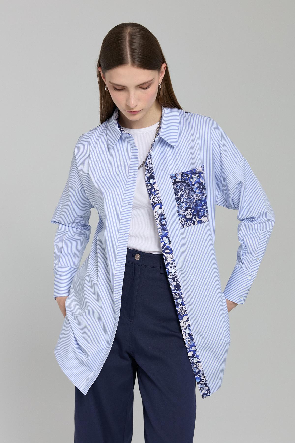 Kumaş Mixli Çizgili Poplin Tunik Mavi