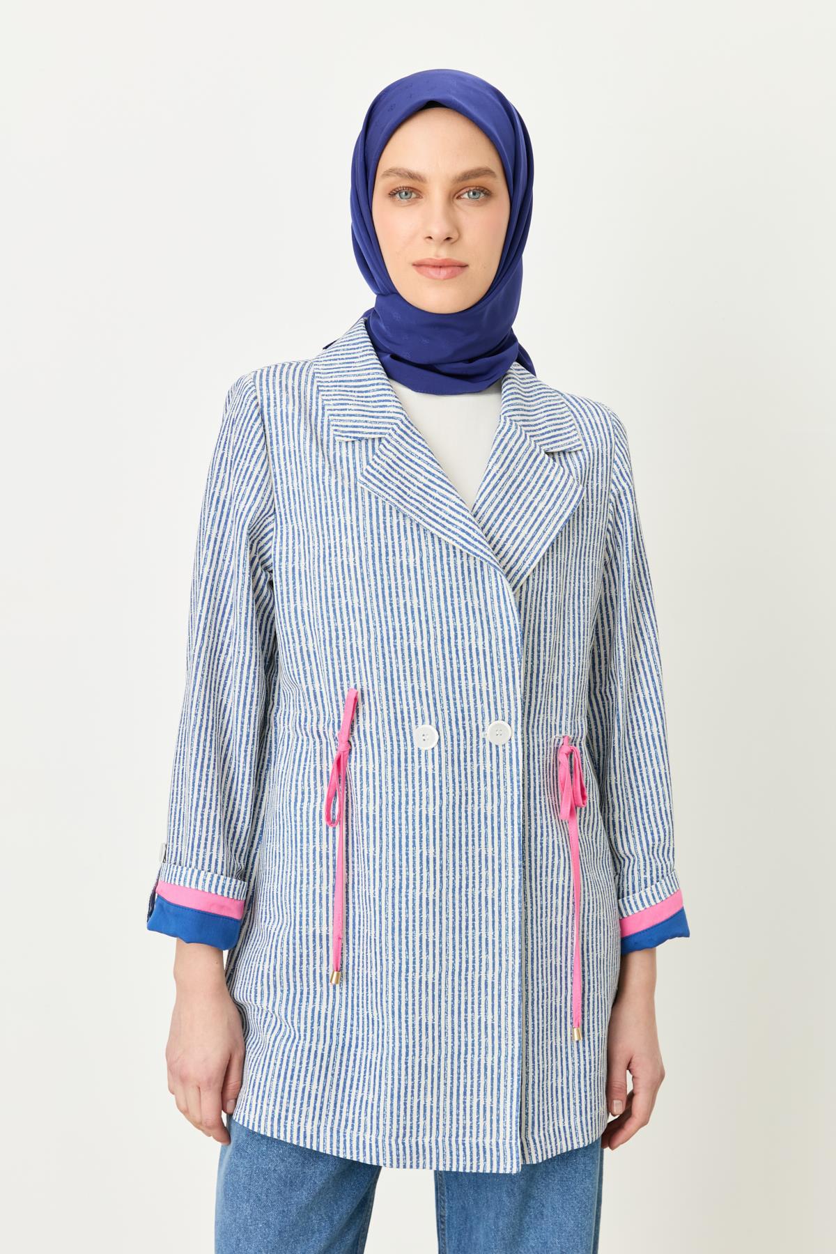 Kumaş Mixli Kruvaze Ceket İndigo