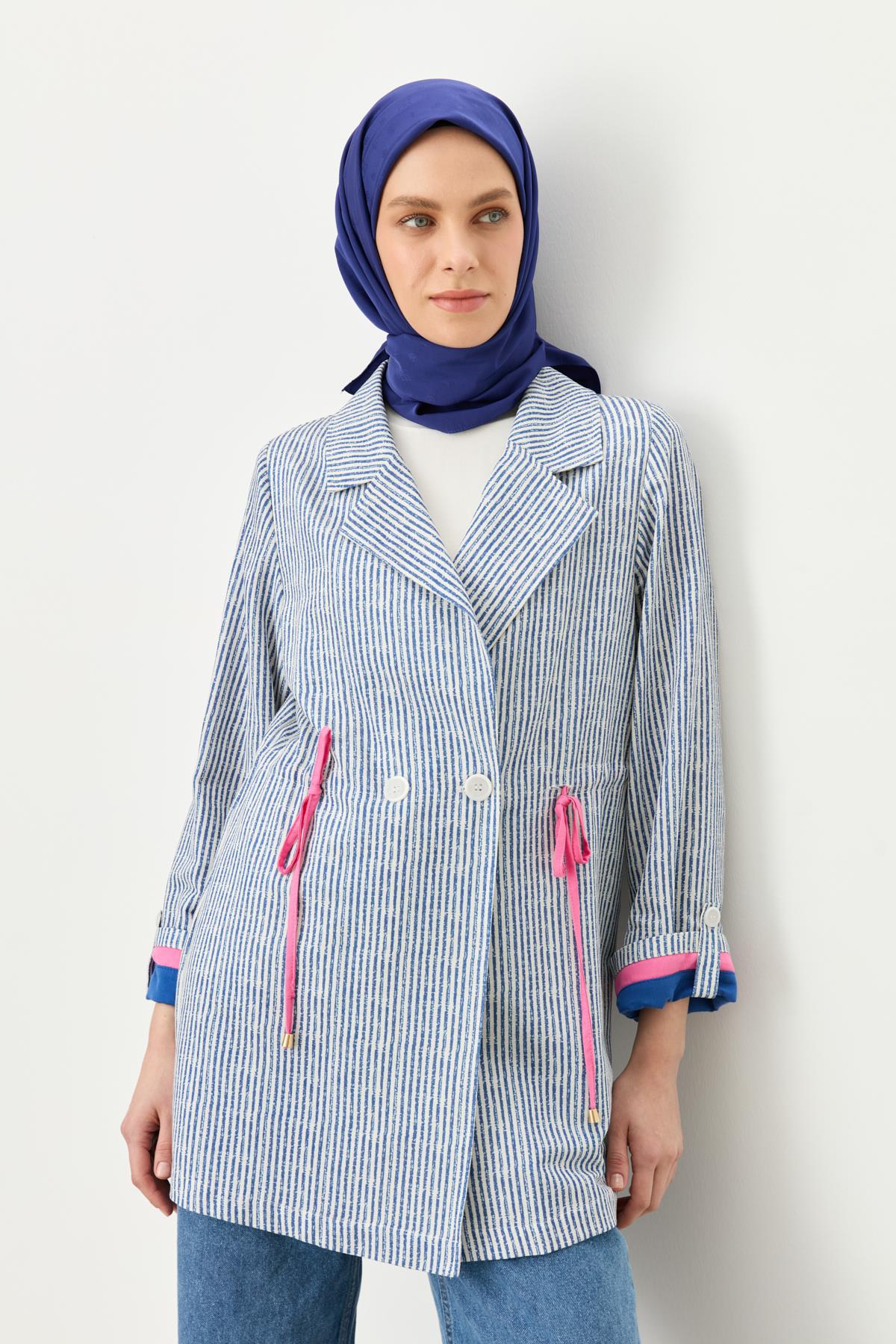 Kumaş Mixli Kruvaze Ceket İndigo