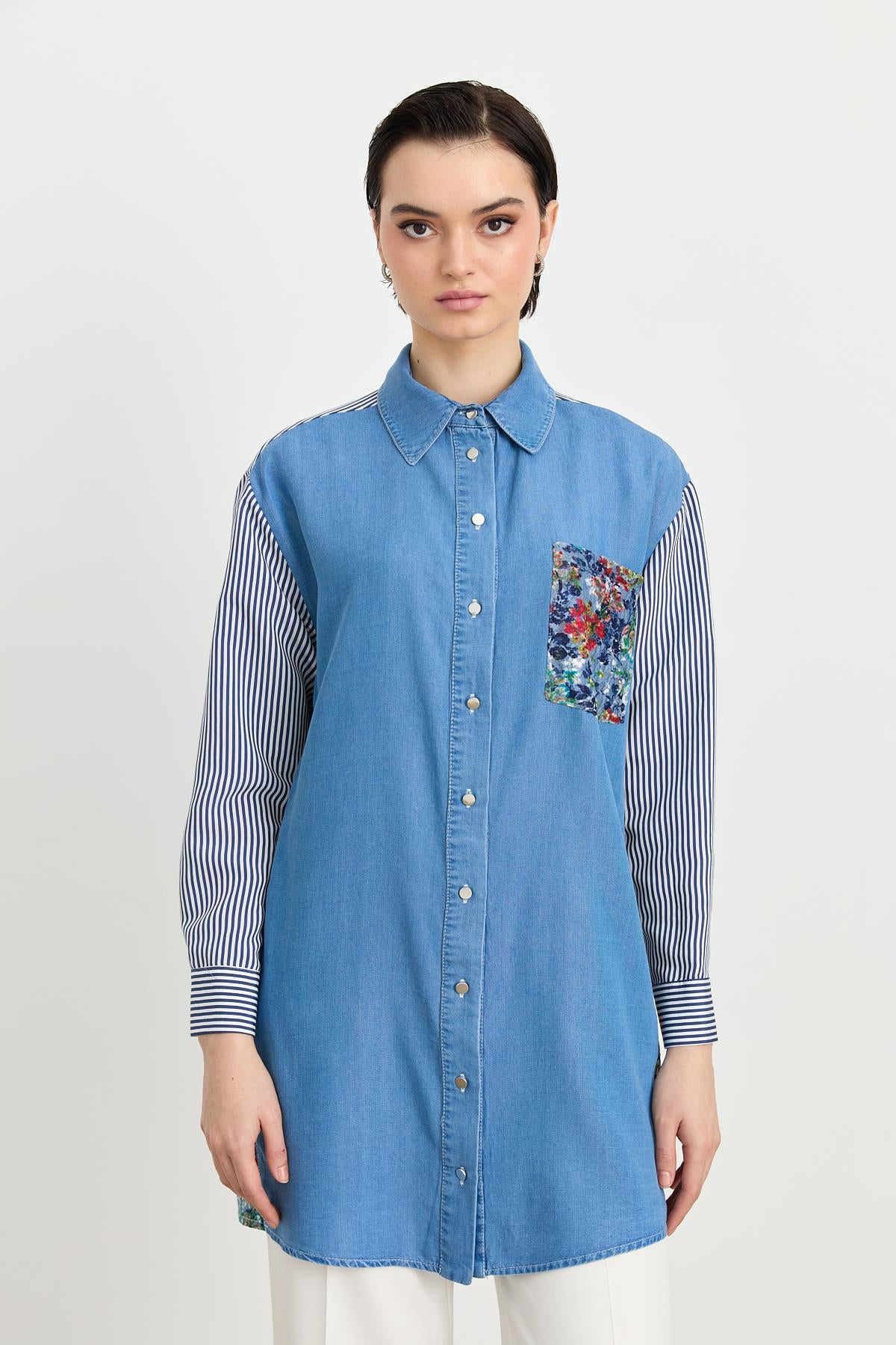 Kumaş Mixli Tencel Tunik İndigo