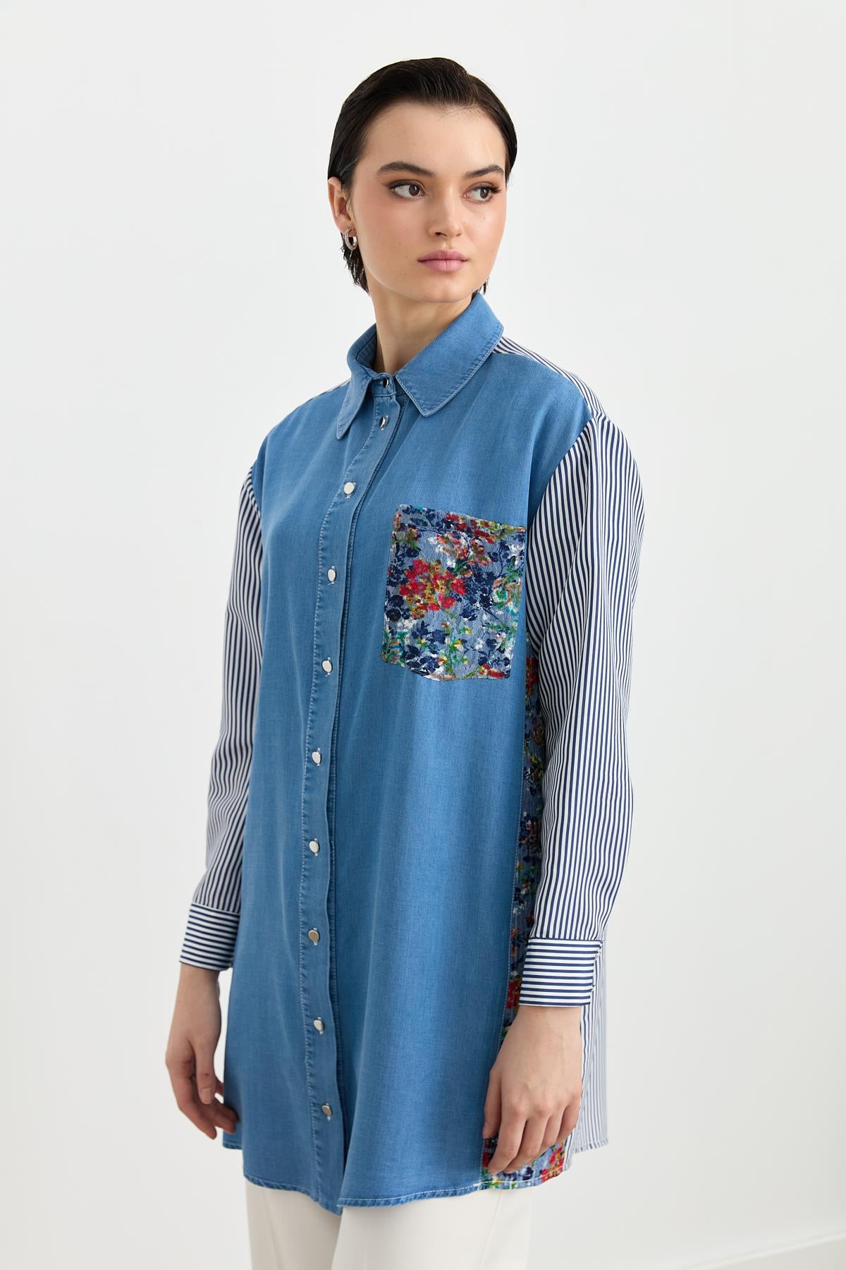 Kumaş Mixli Tencel Tunik İndigo