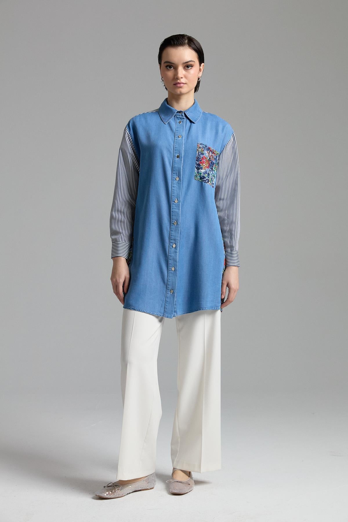 Kumaş Mixli Tencel Tunik İndigo