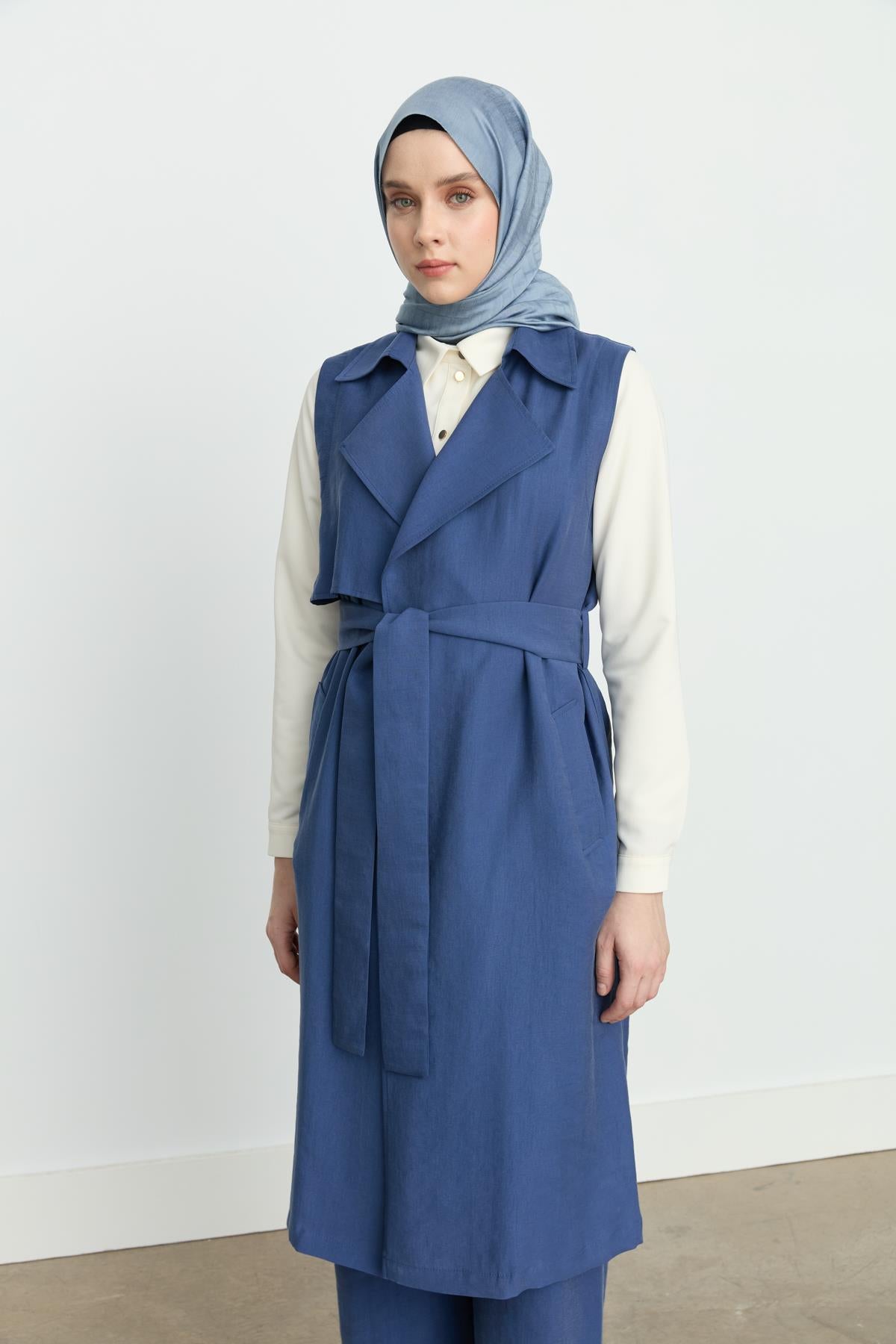 Kuşaklı Kruvaze Tencel Yelek İndigo