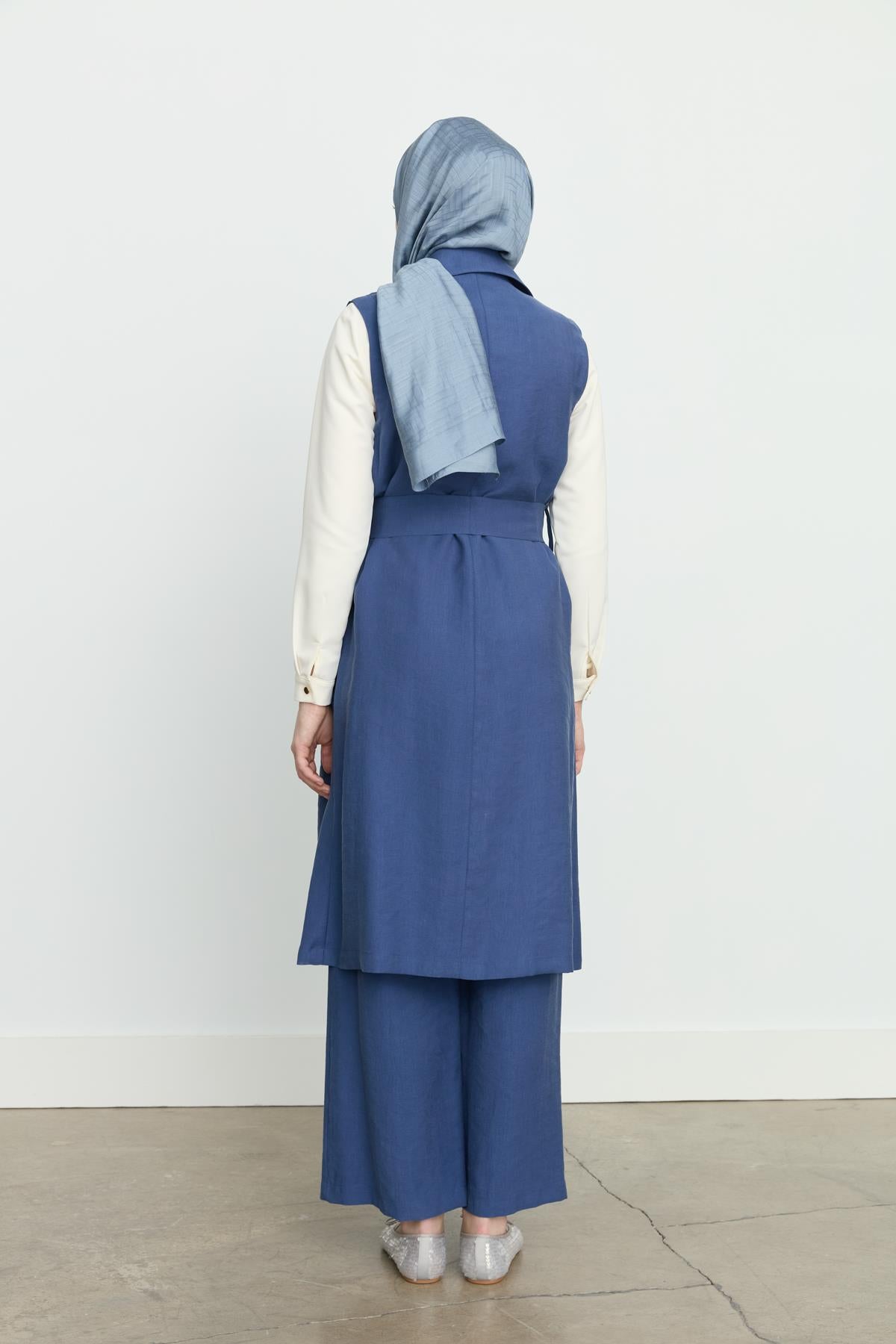 Kuşaklı Kruvaze Tencel Yelek İndigo