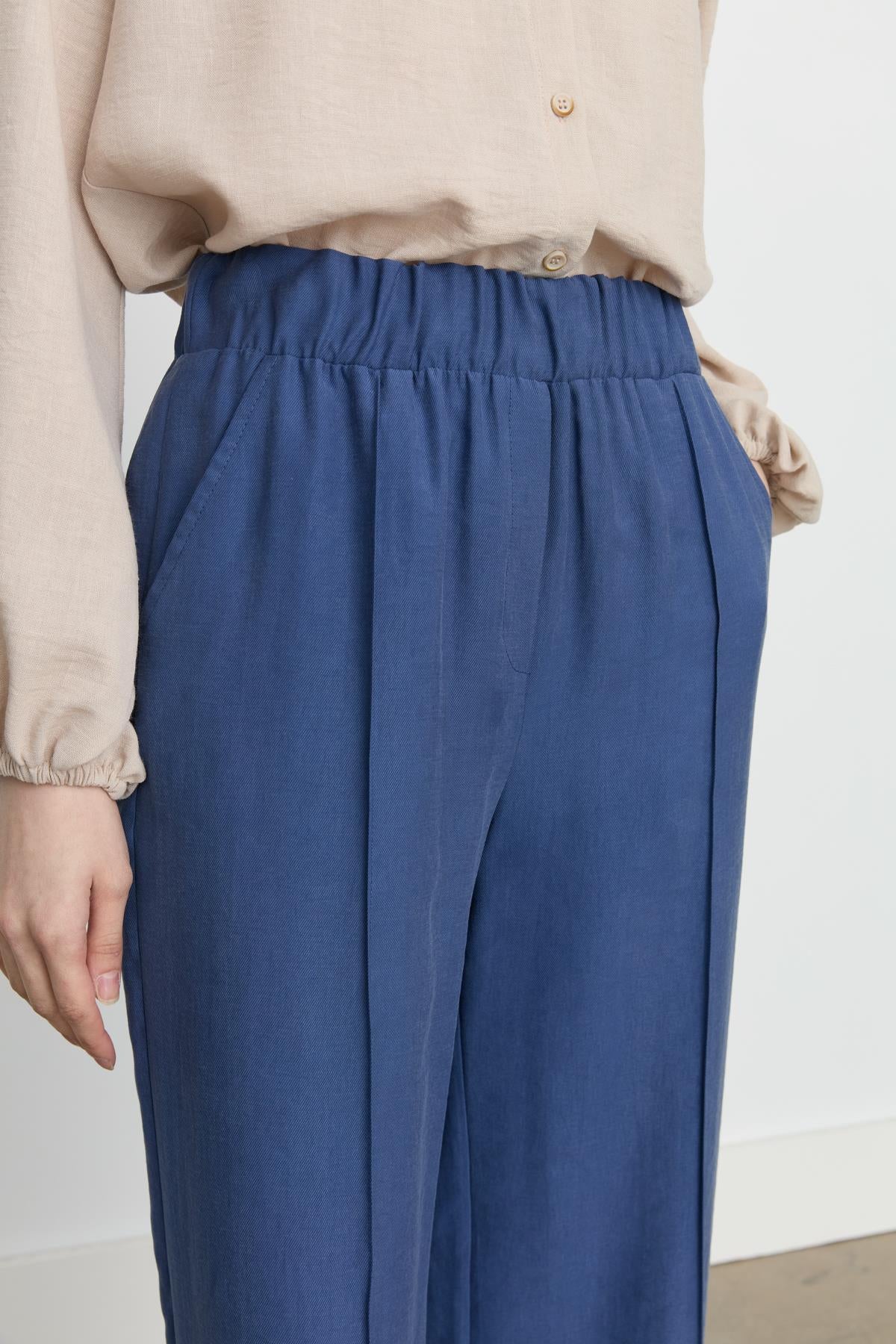 Nervür Detaylı Bol Paça Tencel Pantolon İndigo