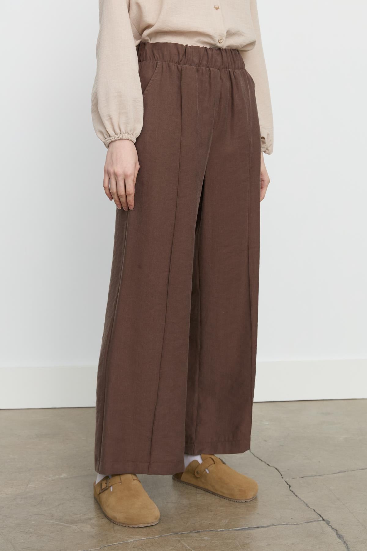 Nervür Detaylı Bol Paça Tencel Pantolon Kahve